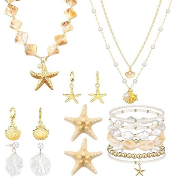Tondiamo 13 Pcs Beach Jewelry for Women Set Starfish Seashell Necklace Earrings - Picture 7 of 7